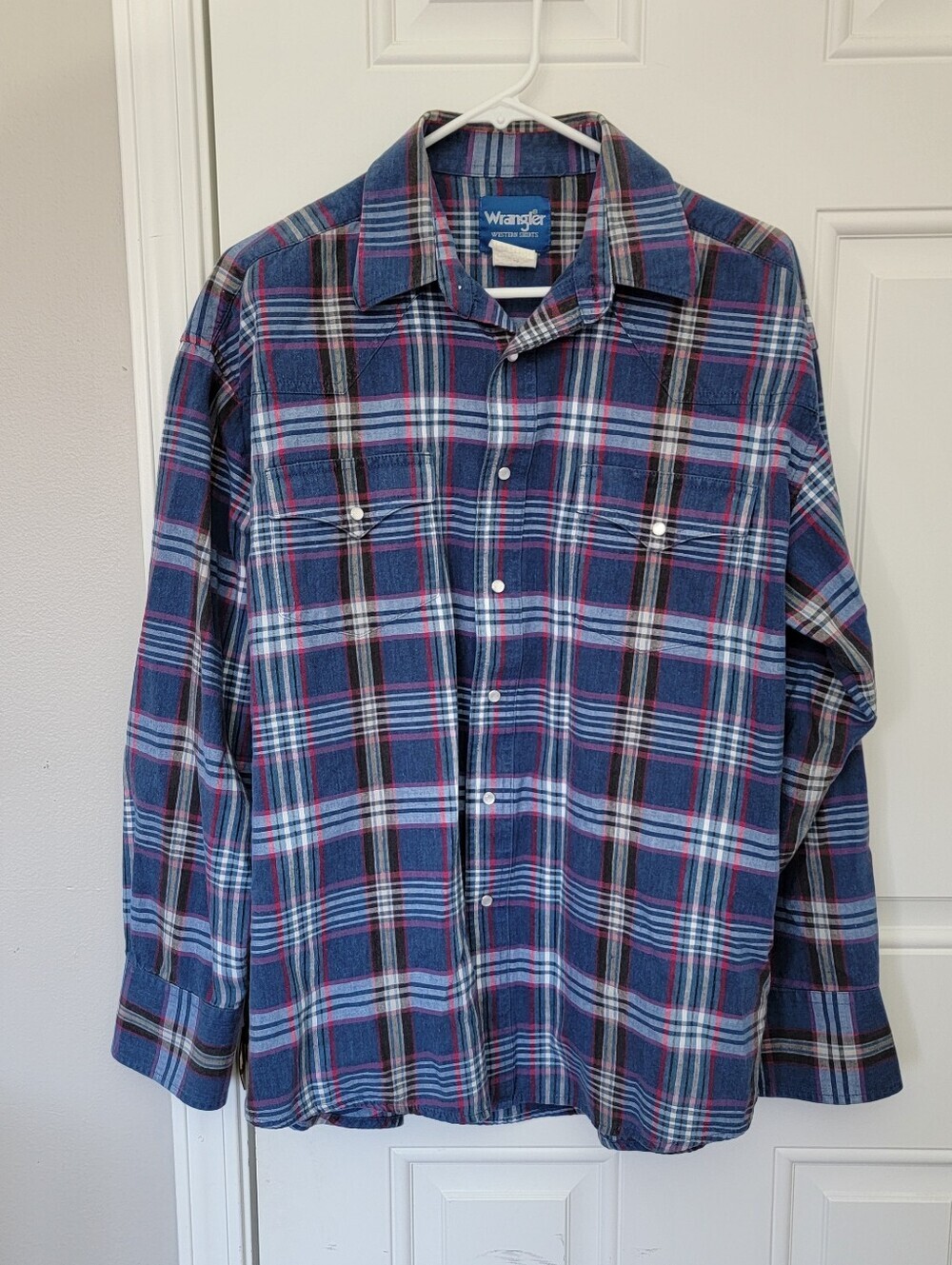 Vintage Wrangler Blue Plaid Western Shirt Pearl Snaps Blue Label Size Large